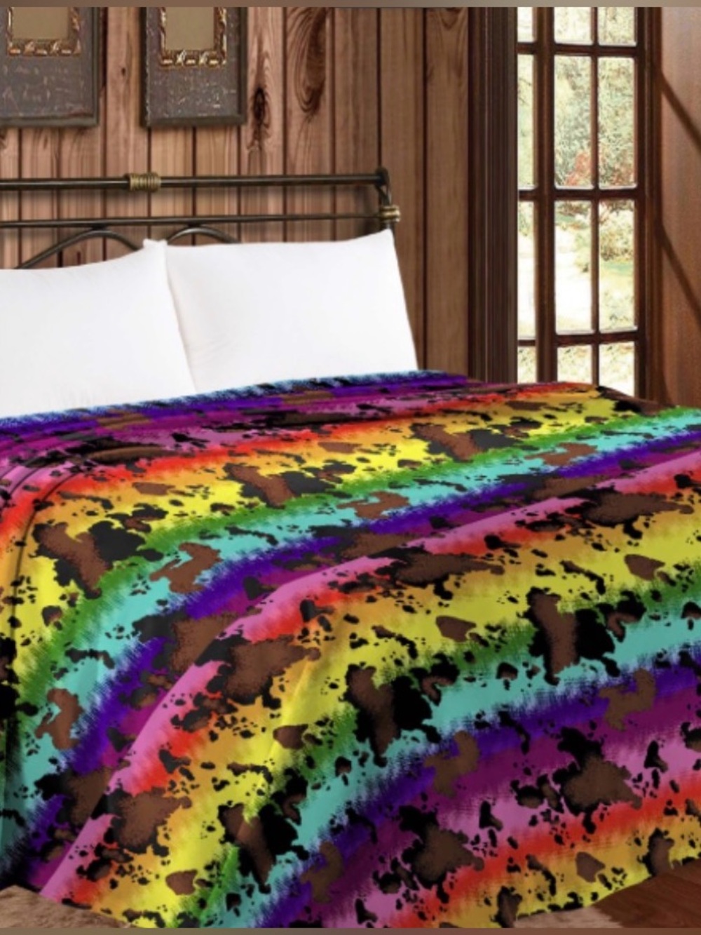 Western Linen KING Size MIA Rainbow Cow Print Reversible Throw Blanket NWT